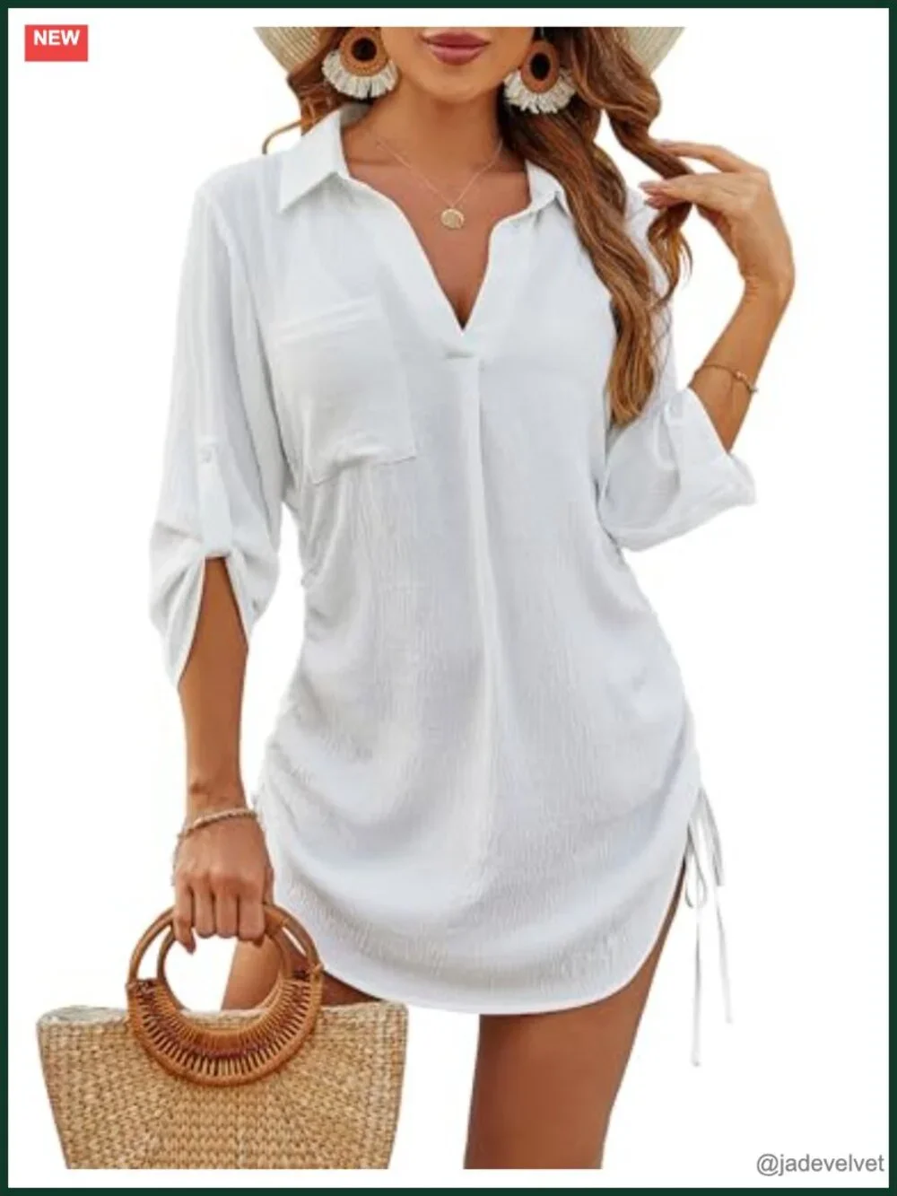 Womens Beach Cover Up Shirt Swimsuit Drawstring Shirt Dress